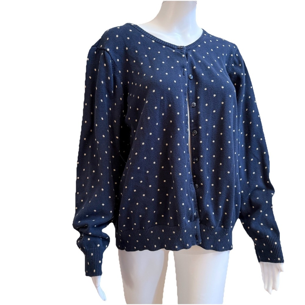 L.L Bean Womens Cardigan Navy Polka Dot Button Up SZ-XL R/100% Supima Cotton